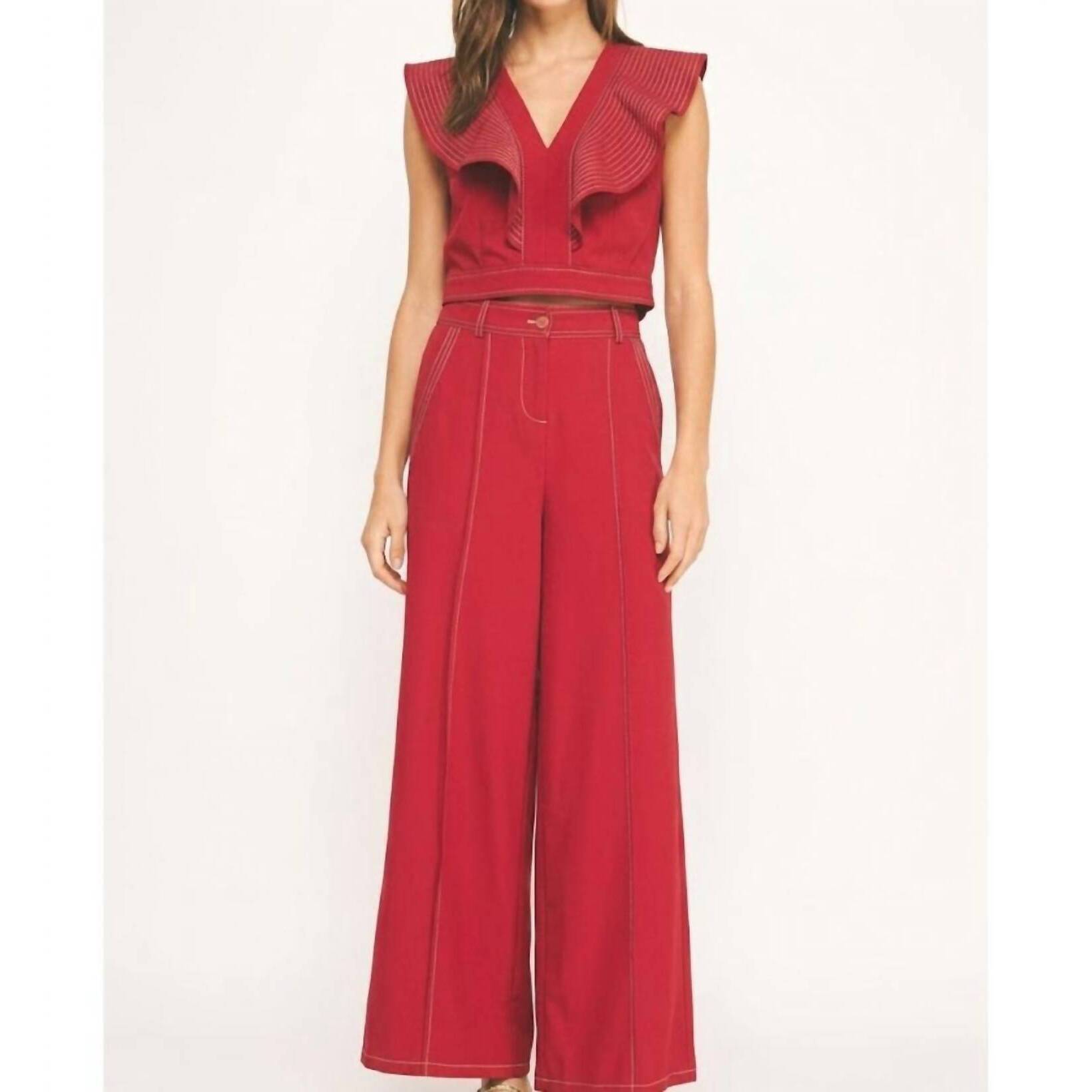 New Strut & Bolt Two Piece Flutter Sleeve Top And Wide Leg Trouser Set In Cheer